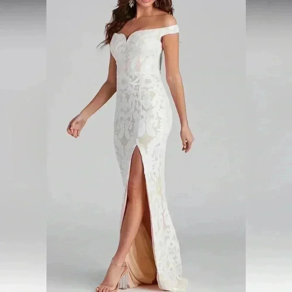 Windsor White Off-Shoulder Lace Prom Dress with Front Slit